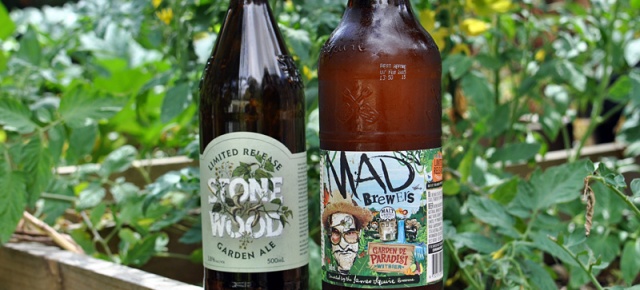 Bottles of Stone & Wood Garden Ale and Mad Brewers Garden de Paradise in a garden